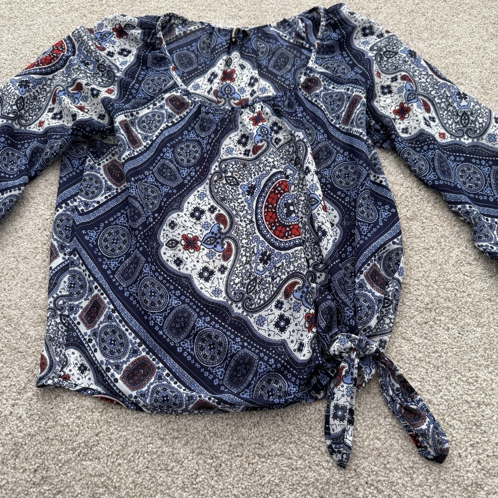 Heartsoul Women's Blouse Size L Sheer Blue Hippie Boho‎ V Neck Side Tie Festival